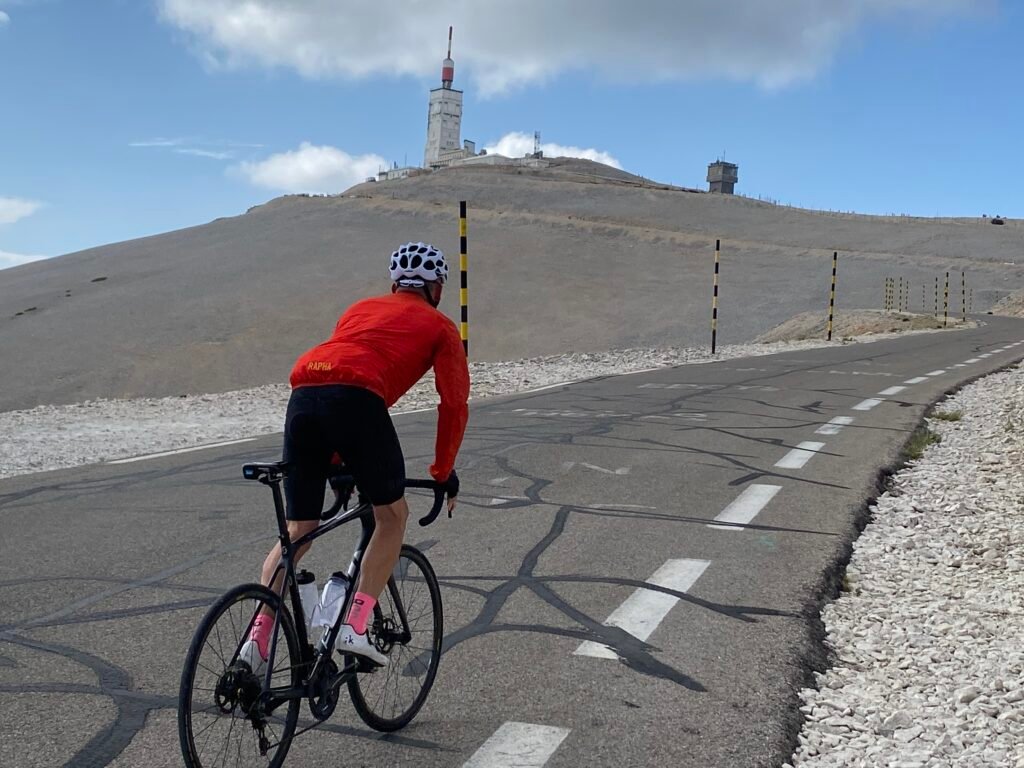 Cyclist on Mont Ventoux riding from Geneva to Nice